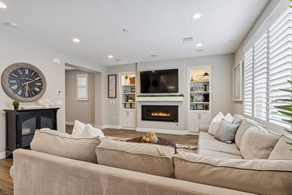 Fireplace, Interior, Living room, Recessed Lighting, Wood Texture Flooring