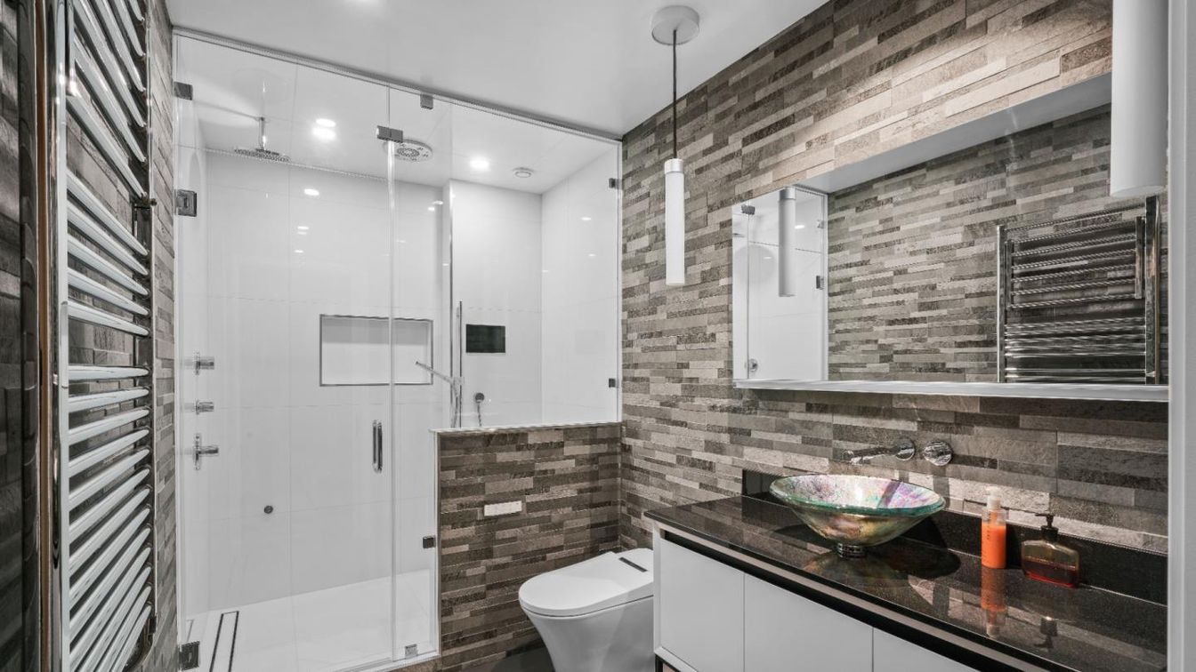 Bathroom, Glass Shower, Interior, Recessed Lighting, Wooden Walls