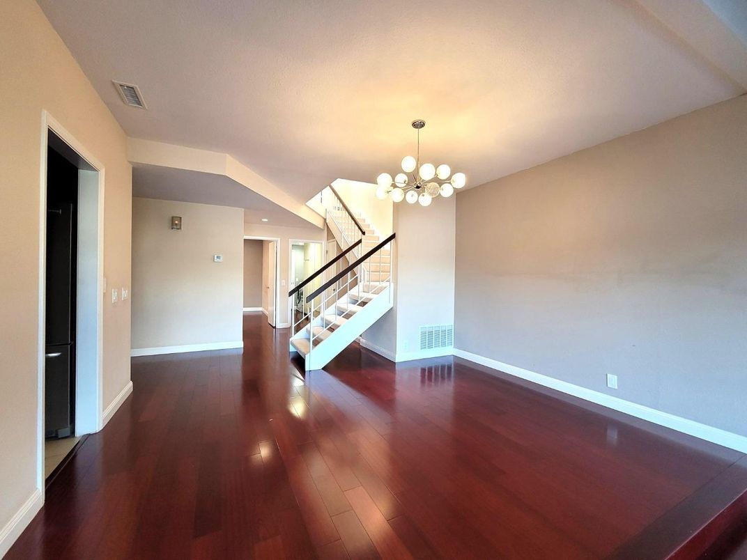 Chandelier, Empty room, Interior, Pendant Lights, Recessed Lighting, Wood Texture Flooring