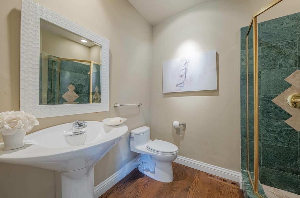 Bathroom, Glass Shower, Interior, Recessed Lighting, Wood Texture Flooring