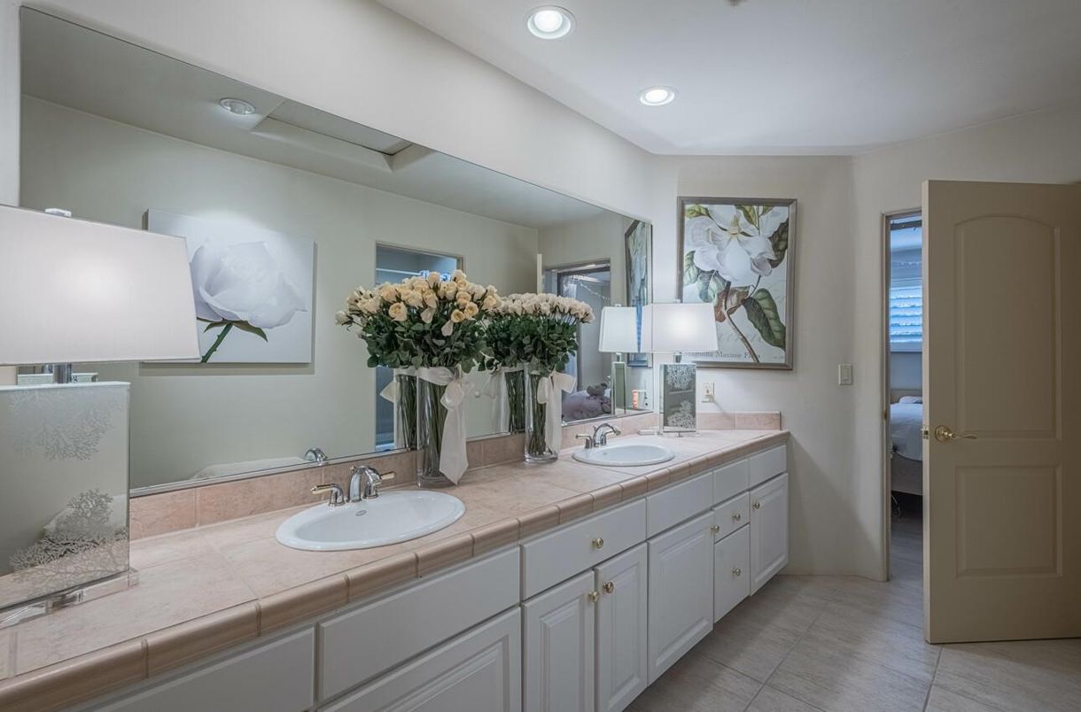 Bathroom, Dual Sink Vanities, Interior, Recessed Lighting, Tile Countertops