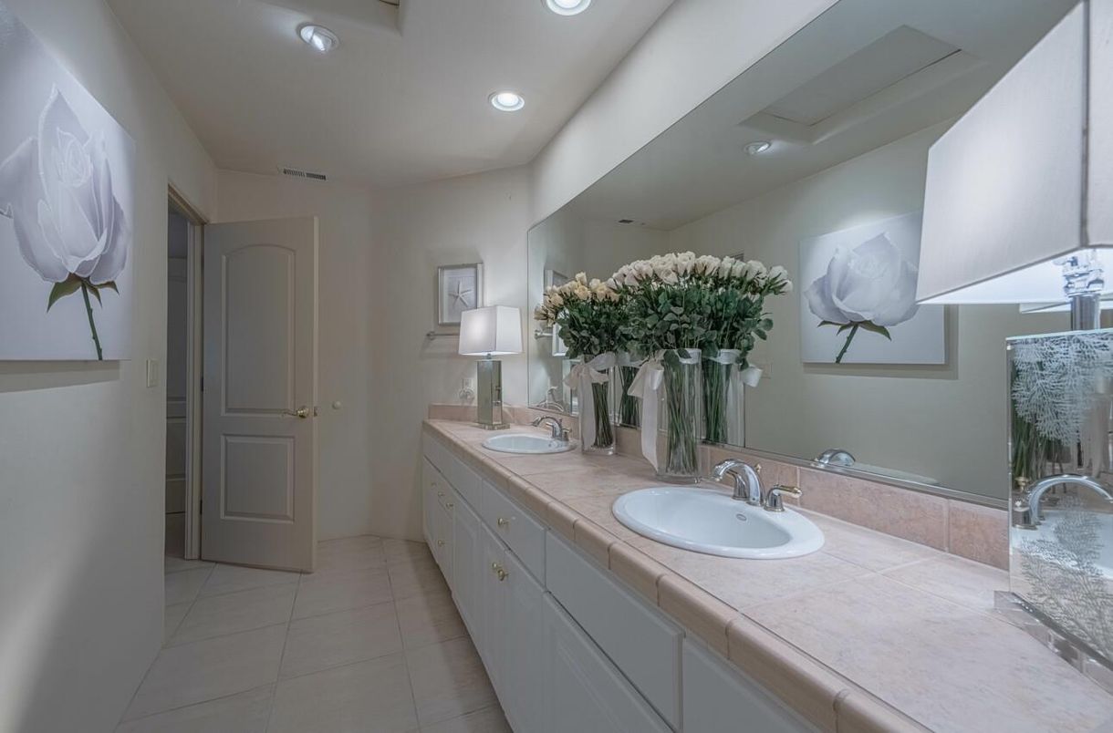 Bathroom, Dual Sink Vanities, Interior, Recessed Lighting, Tile Countertops