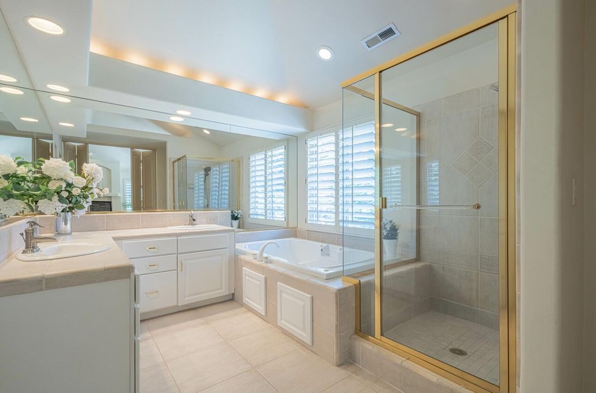 Bathroom, Dual Sink Vanities, Glass Shower, Interior, Recessed Lighting, Tile Countertops
