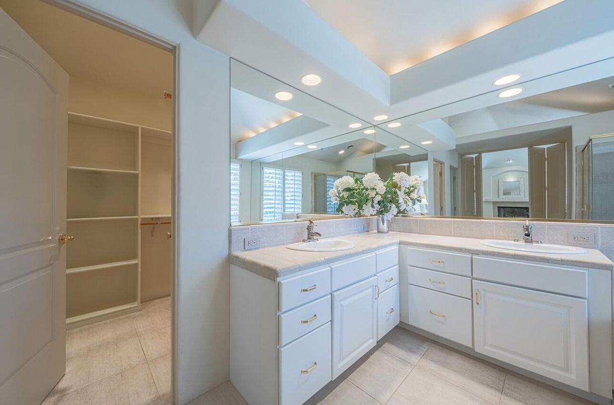 Bathroom, Dual Sink Vanities, Interior, Recessed Lighting, Tile Countertops