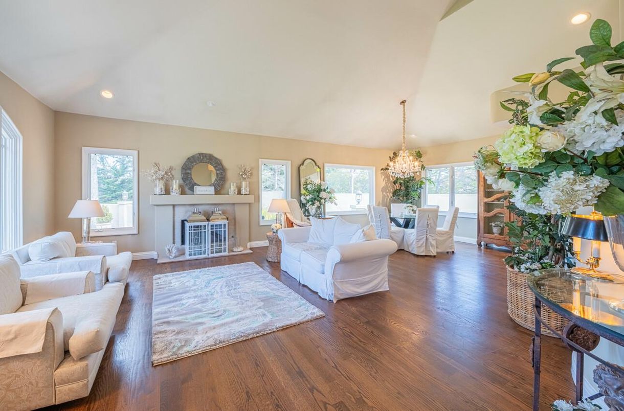 Chandelier, Dining room, Fireplace, Interior, Living room, Recessed Lighting, Wood Texture Flooring