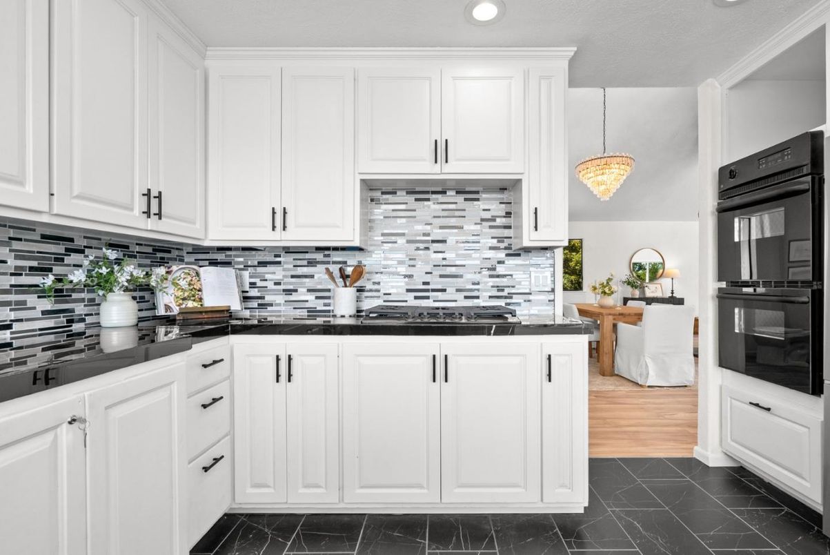 Interior, Kitchen, Marble, Pendant Lights, Recessed Lighting, Wood Texture Flooring