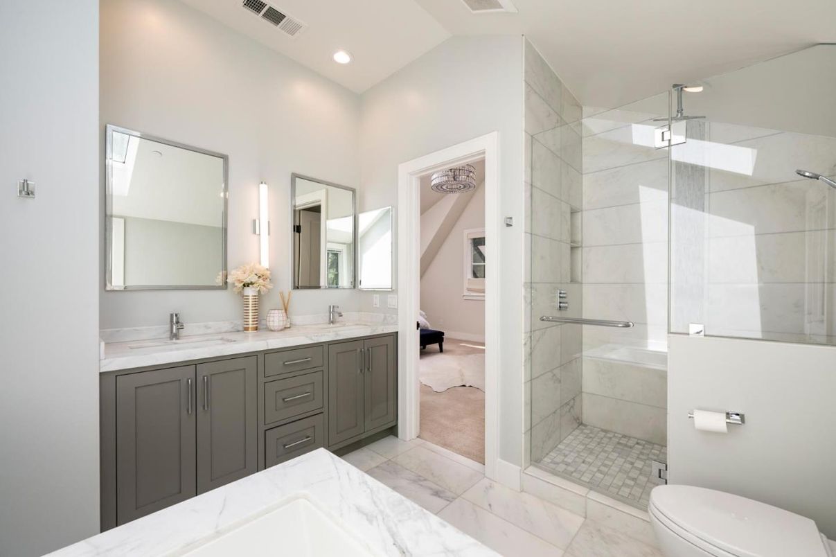 Bathroom, Dual Sink Vanities, Glass Shower, Interior, Marble, Recessed Lighting