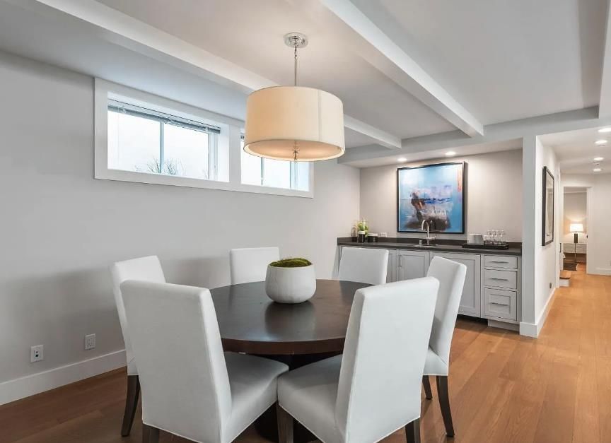 Dining room, Interior, Pendant Lights, Recessed Lighting, Wood Texture Flooring