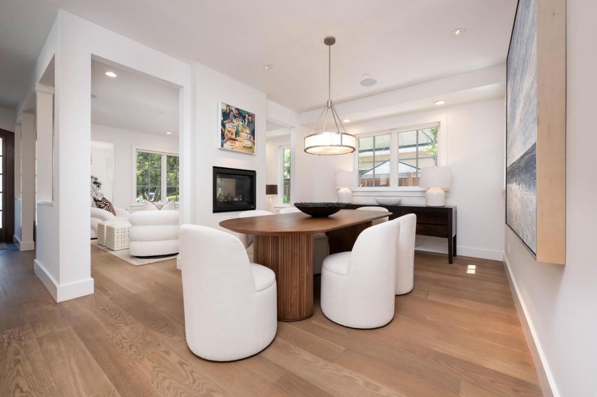 Dining room, Fireplace, Interior, Living room, Pendant Lights, Recessed Lighting, Wood Texture Flooring