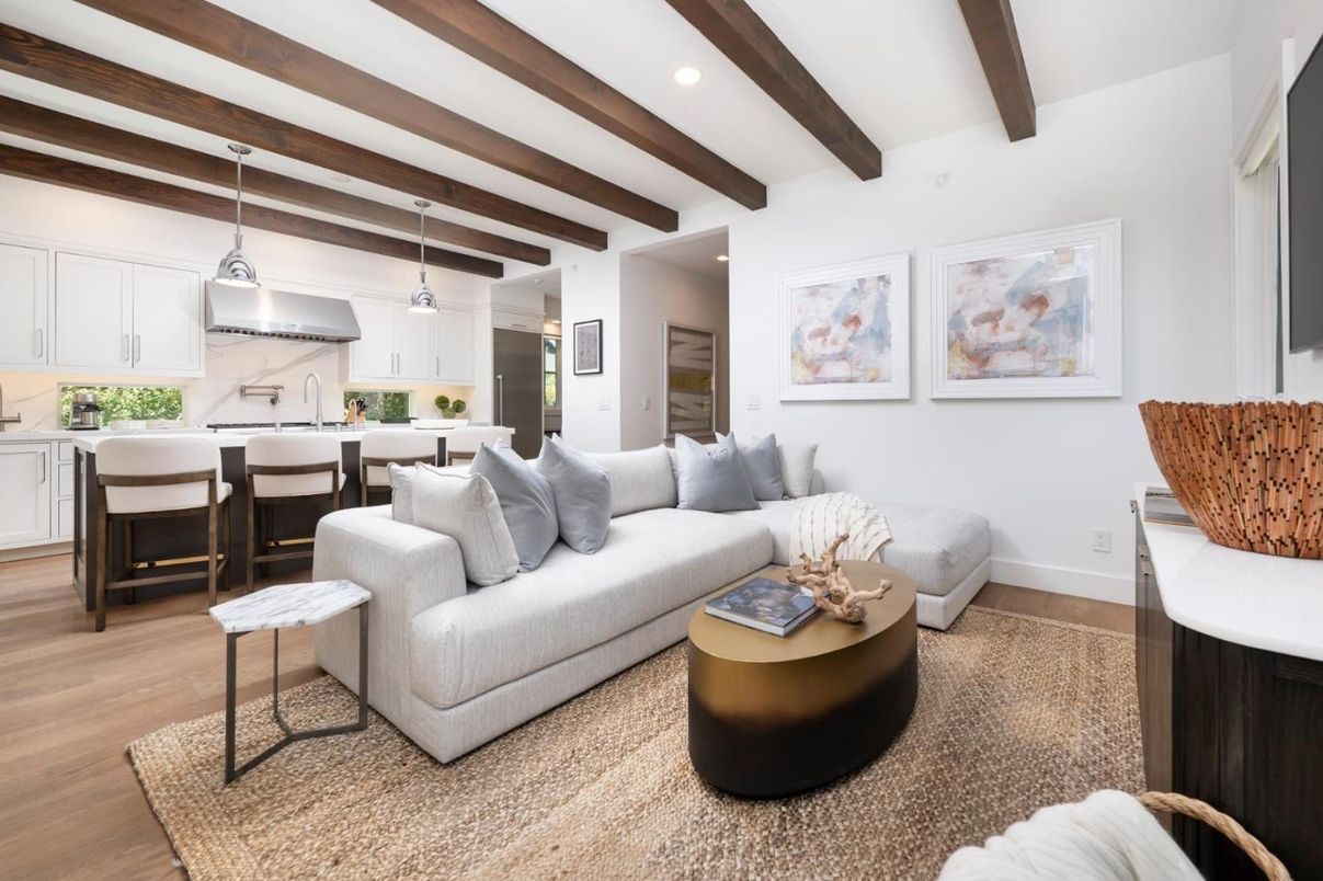 Interior, Kitchen, Living room, Pendant Lights, Recessed Lighting, Wooden Beams, Wood Texture Flooring