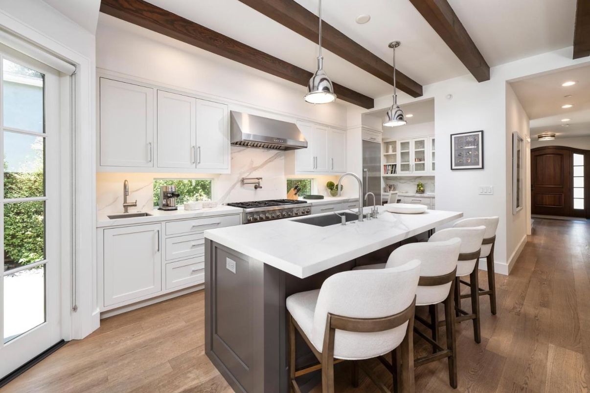 Interior, Kitchen, Pendant Lights, Recessed Lighting, Stainless Steel Appliances, Wooden Beams, Wood Texture Flooring