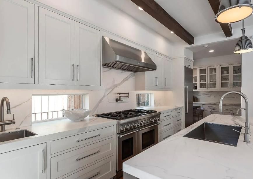 Interior, Kitchen, Pendant Lights, Recessed Lighting, Stainless Steel Appliances, Wooden Beams