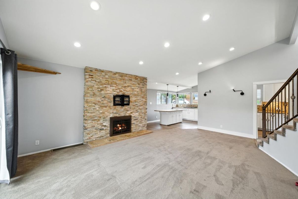 Empty room, Fireplace, Interior, Kitchen, Recessed Lighting, Stone Walls