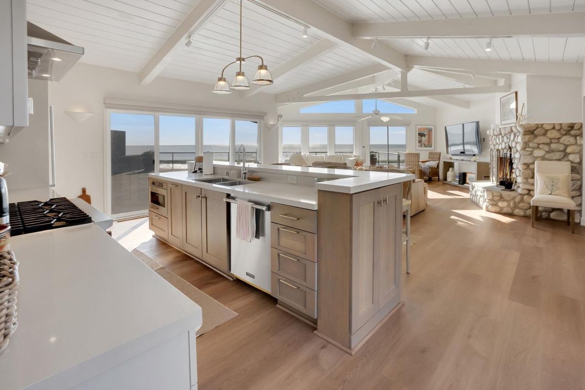 Fireplace, Interior, Kitchen, Pendant Lights, Water, Wood Texture Flooring