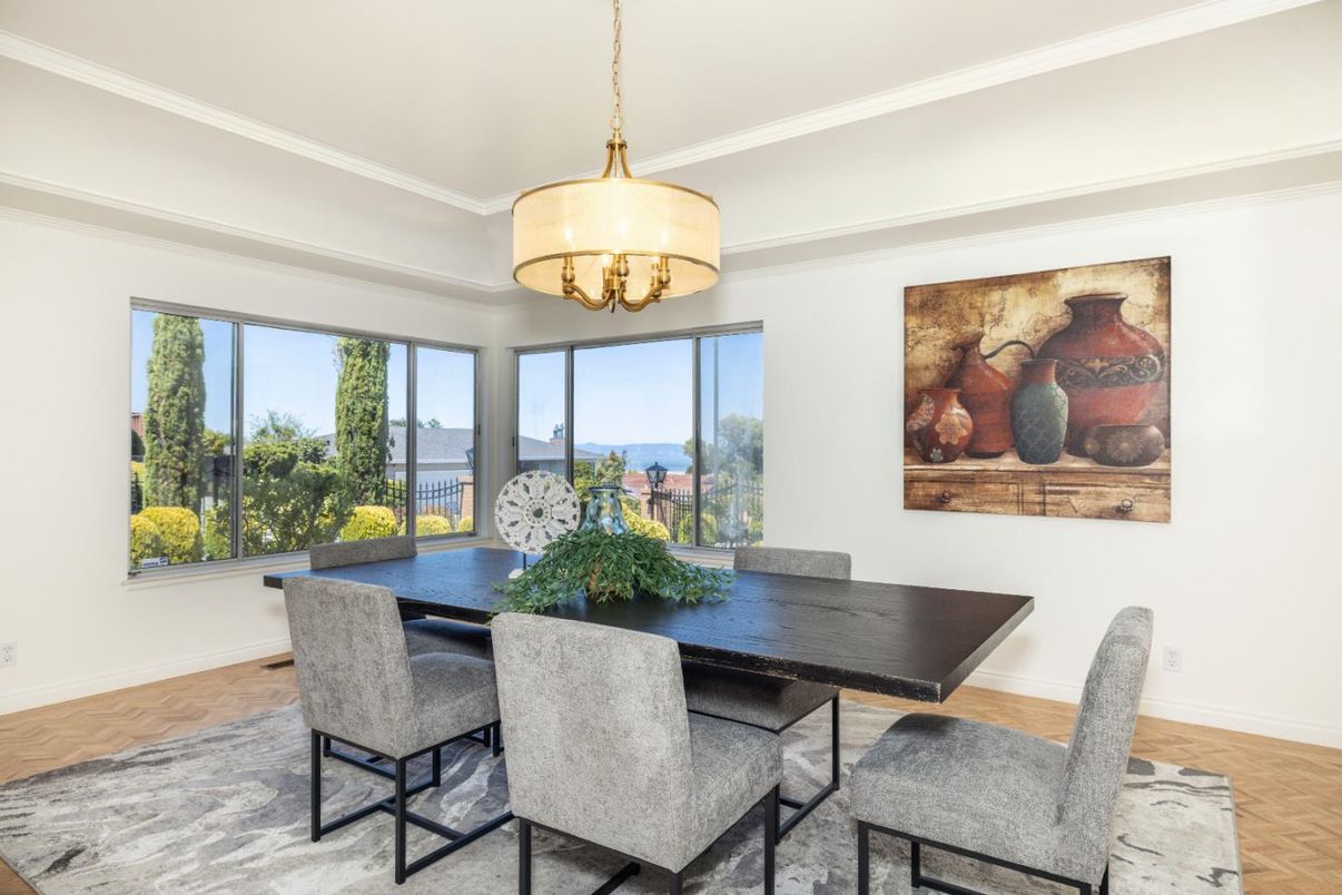 Chandelier, Dining room, Interior, Wood Texture Flooring
