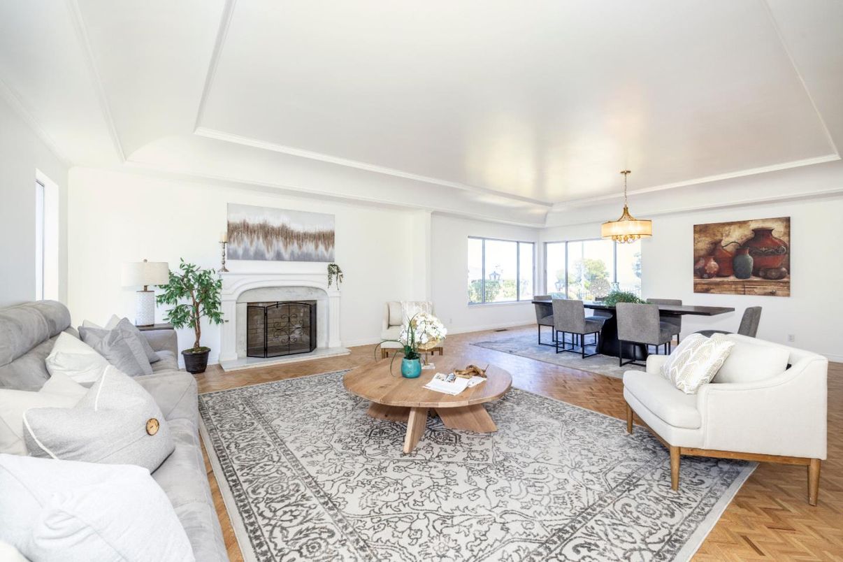Dining room, Fireplace, Interior, Living room, Pendant Lights, Wood Texture Flooring