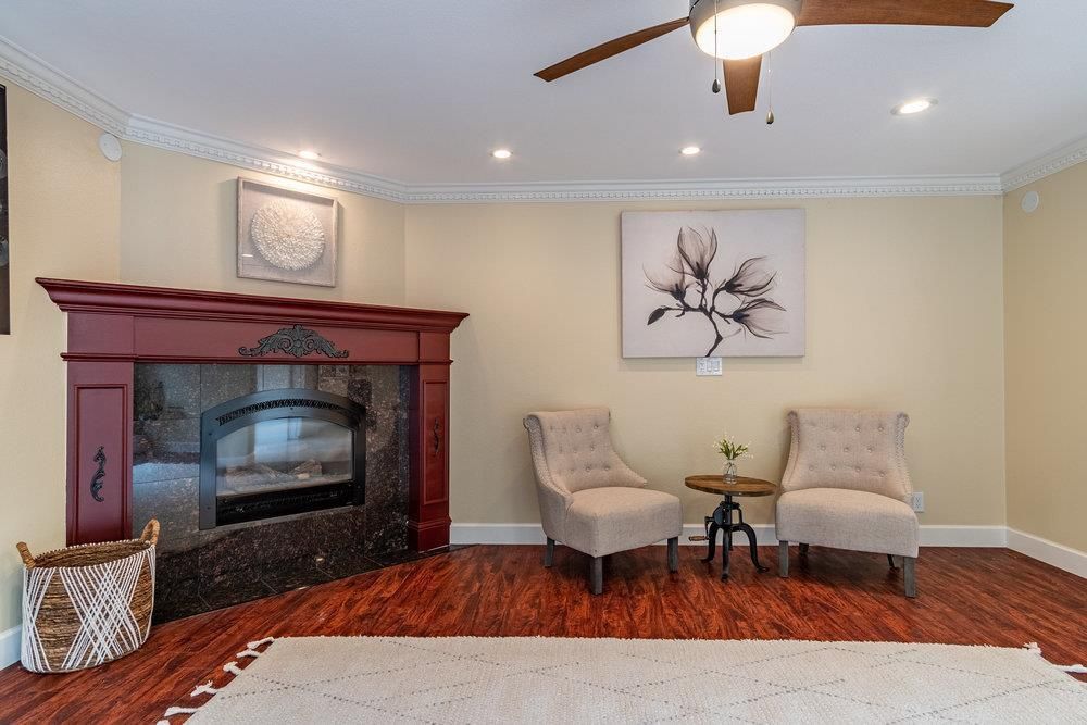 Fireplace, Interior, Recessed Lighting, Wood Texture Flooring