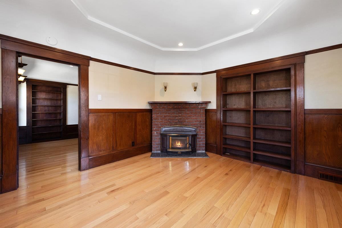 Empty room, Fireplace, Interior, Recessed Lighting, Wood Texture Flooring
