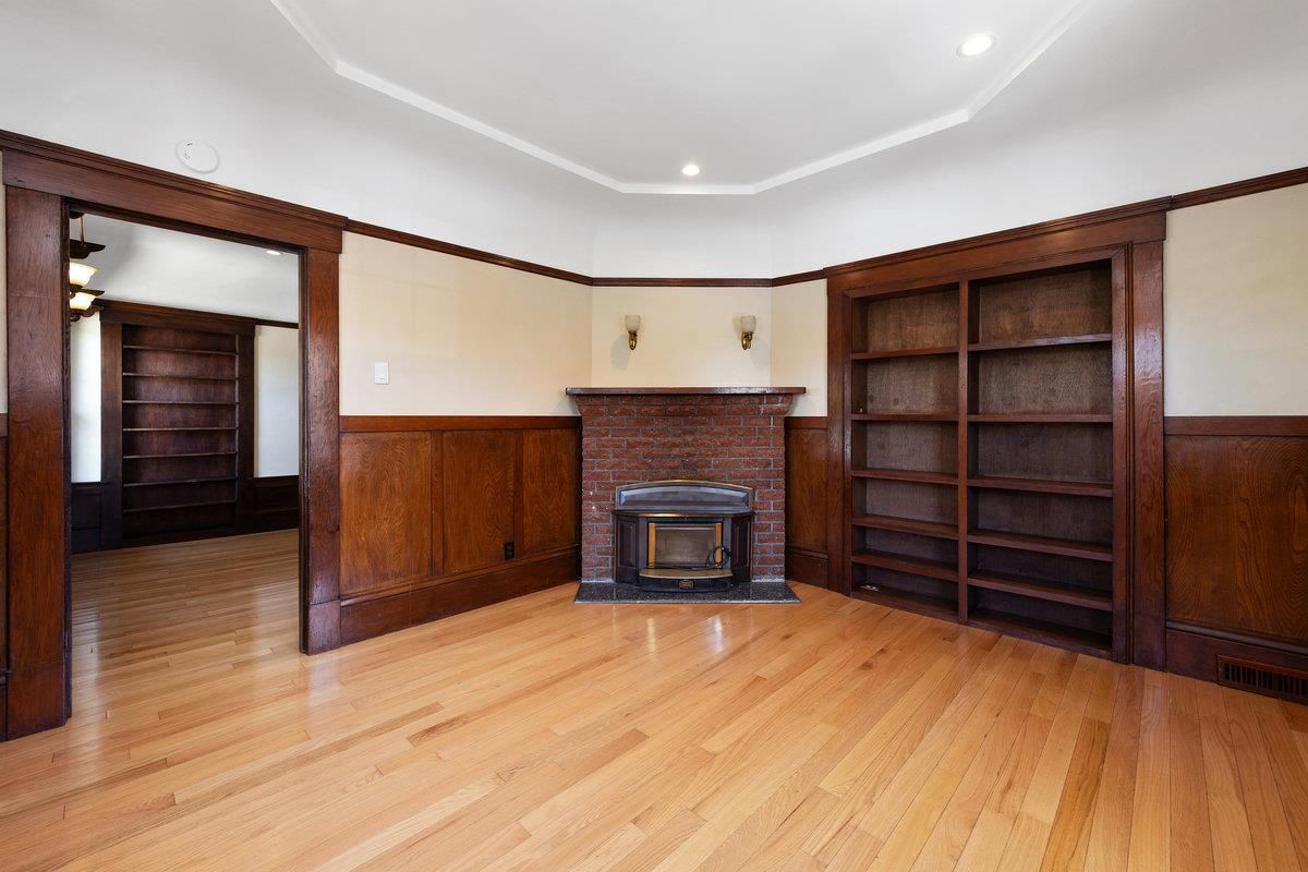 Empty room, Fireplace, Interior, Recessed Lighting, Wood Texture Flooring