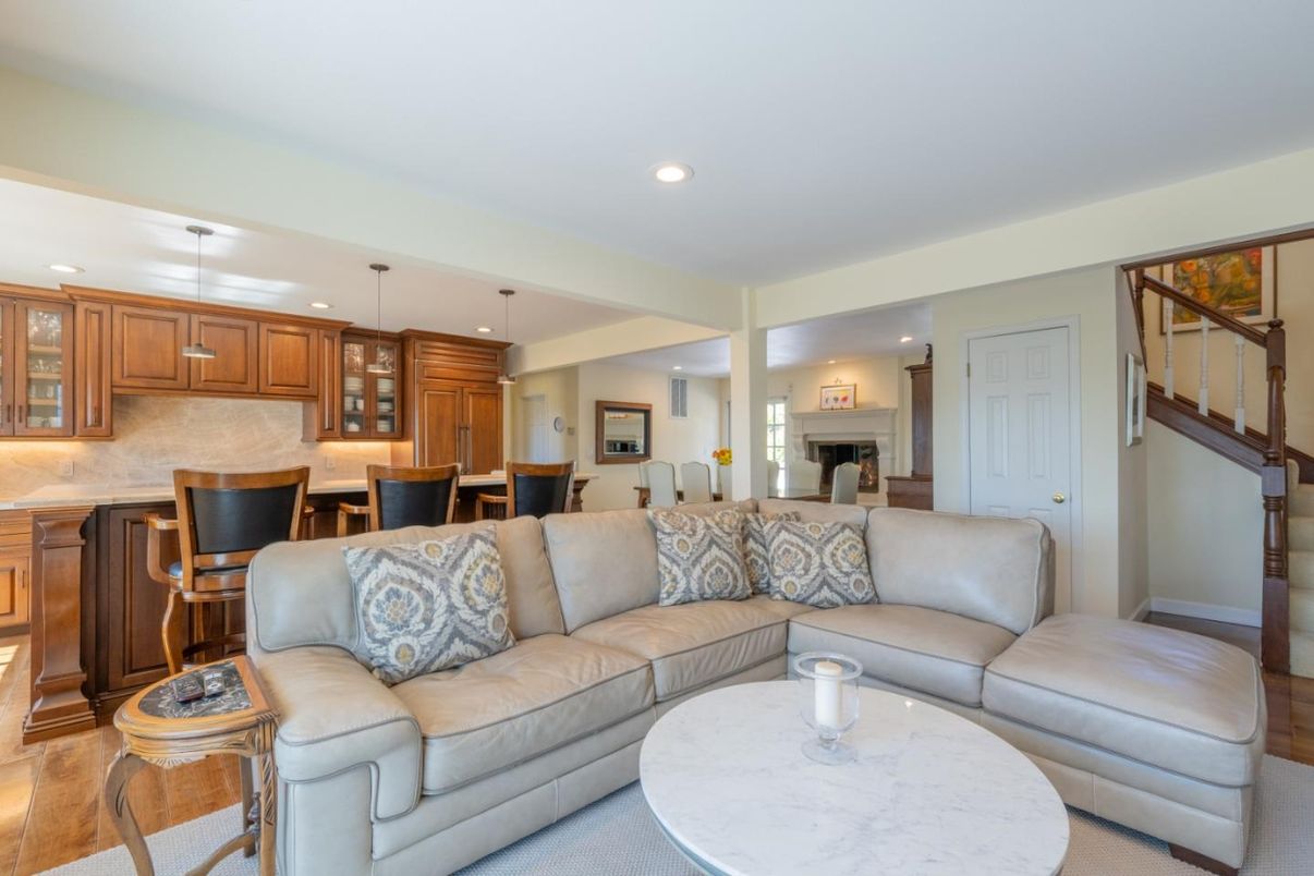 Dining room, Fireplace, Interior, Kitchen, Living room, Pendant Lights, Recessed Lighting, Wood Texture Flooring