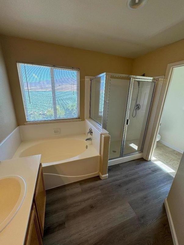 Bathroom, Glass Shower, Interior, Wood Texture Flooring