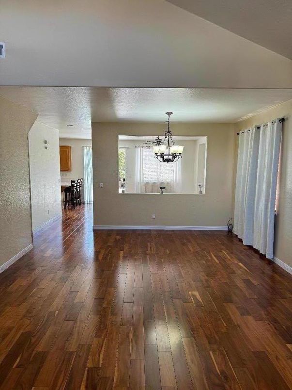 Chandelier, Dining room, Empty room, Interior, Pendant Lights, Wood Texture Flooring