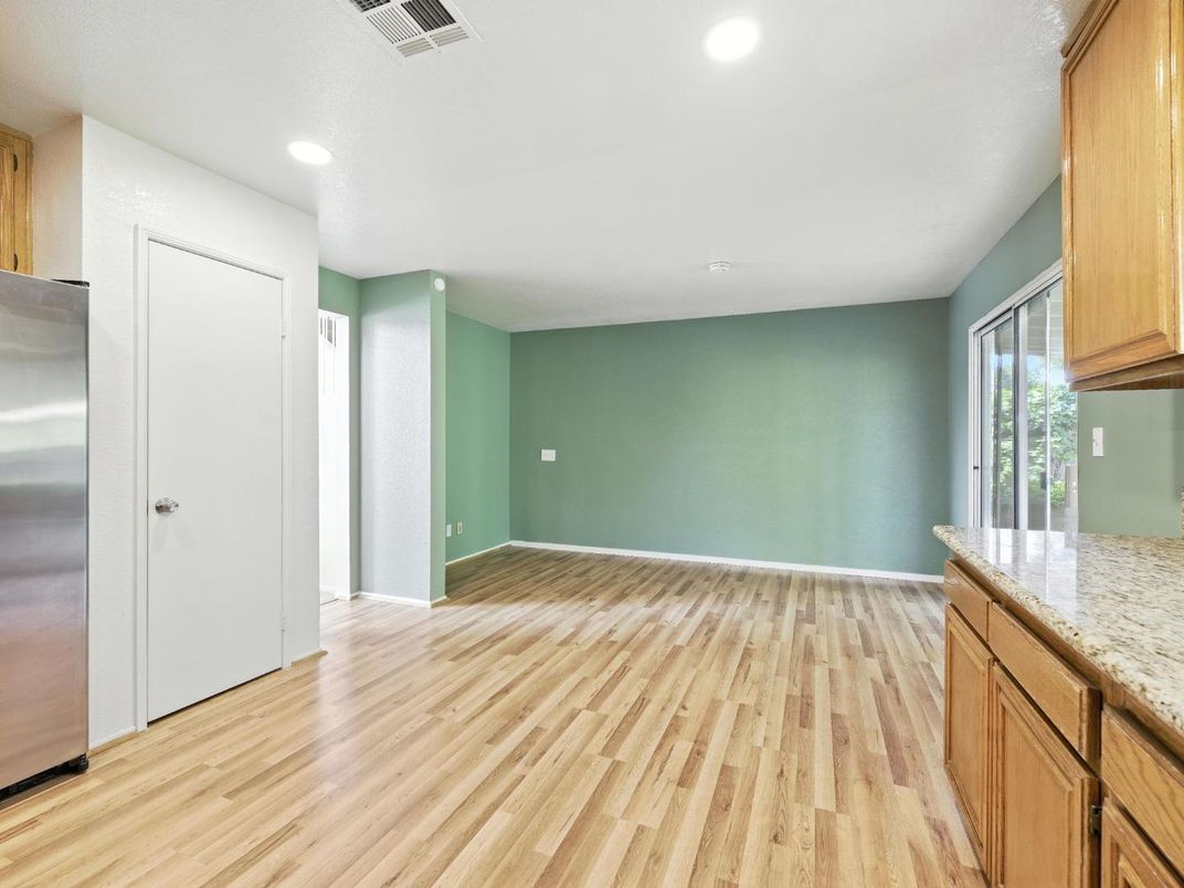 Empty room, Interior, Kitchen, Recessed Lighting, Wood Texture Flooring