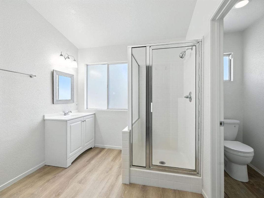 Bathroom, Glass Shower, Interior, Wood Texture Flooring