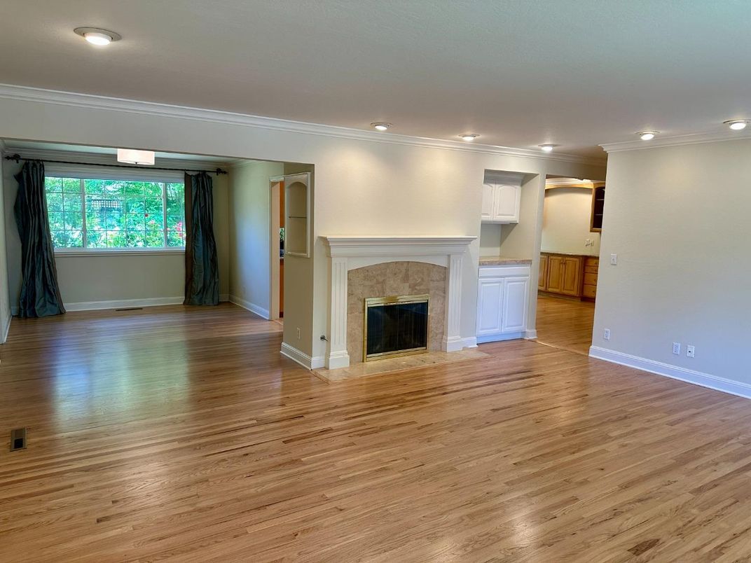 Empty room, Fireplace, Interior, Recessed Lighting, Wood Texture Flooring