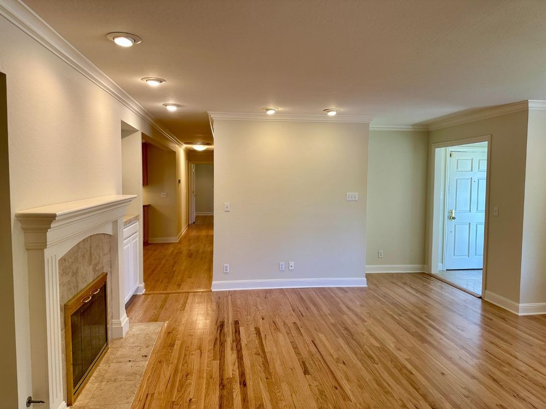 Empty room, Fireplace, Interior, Recessed Lighting, Wood Texture Flooring