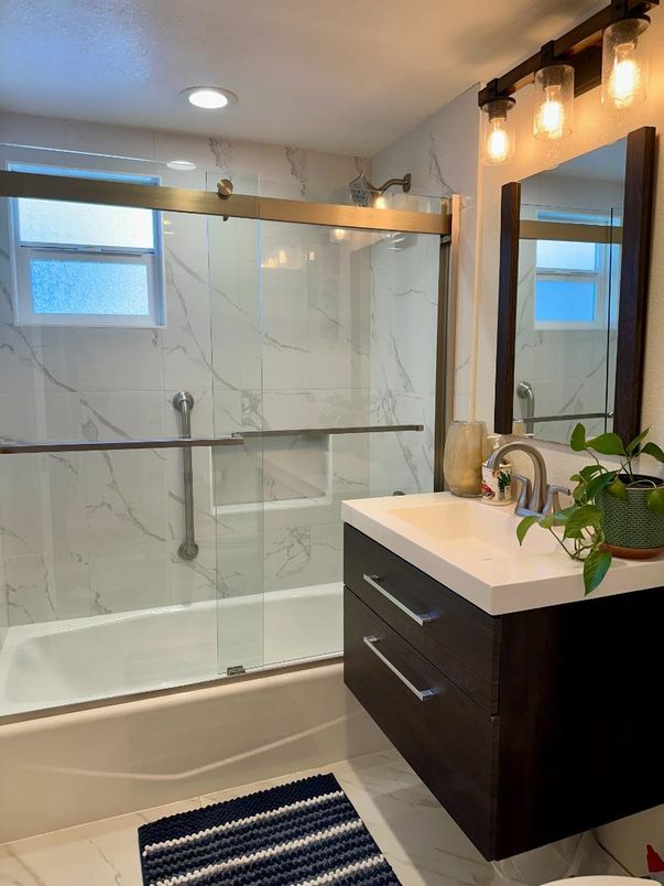 Bathroom, Glass Shower, Interior, Marble Walls, Recessed Lighting