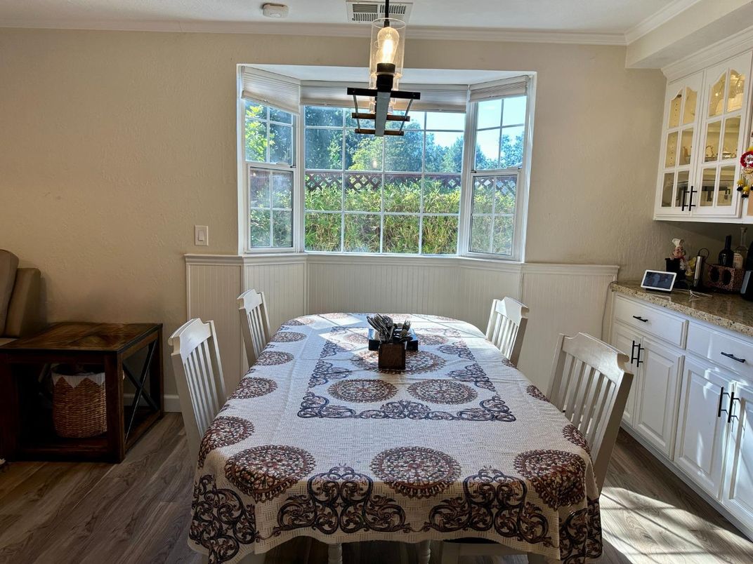Dining room, Interior, Pendant Lights, Wood Texture Flooring