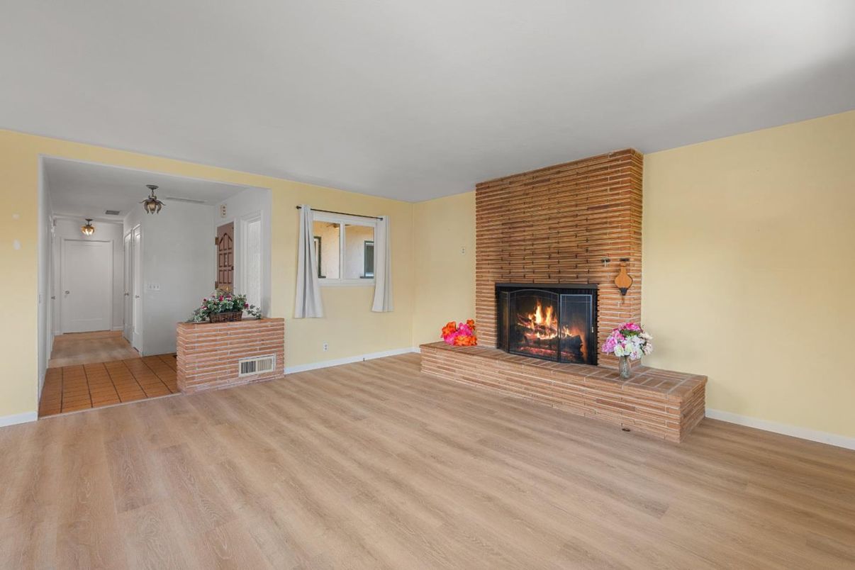 Empty room, Fireplace, Interior, Stone Walls, Wood Texture Flooring