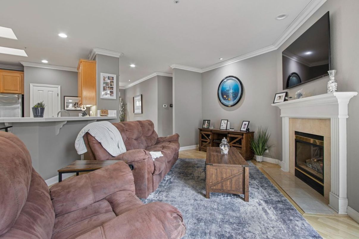 Fireplace, Interior, Living room, Recessed Lighting, Wood Texture Flooring