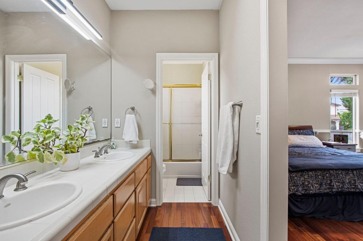 Bathroom, Dual Sink Vanities, Interior, Tile Countertops, Wood Texture Flooring