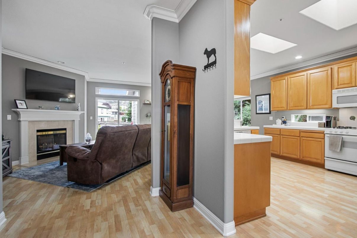 Fireplace, Interior, Kitchen, Living room, Recessed Lighting, Wood Texture Flooring