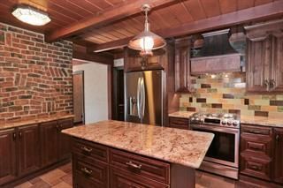 Interior, Kitchen, Pendant Lights, Stainless Steel Appliances, Stone Walls, Wooden Beams, Wooden Ceilings, Wood Texture Flooring