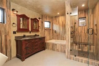Bathroom, Glass Shower, Interior, Recessed Lighting, Wooden Walls
