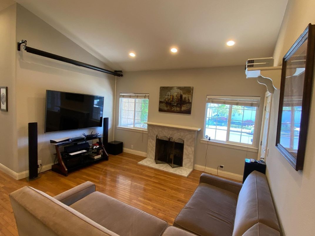 Fireplace, Interior, Living room, Recessed Lighting, Wood Texture Flooring