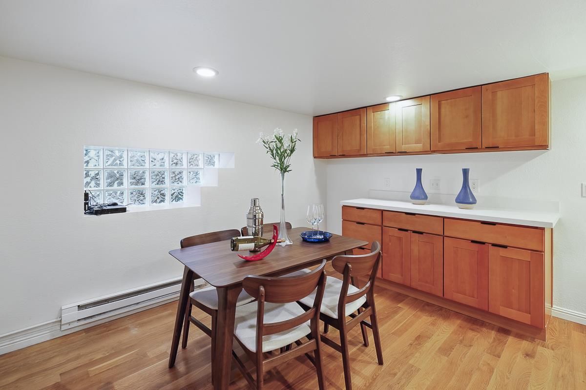 Dining room, Interior, Recessed Lighting, Wood Texture Flooring