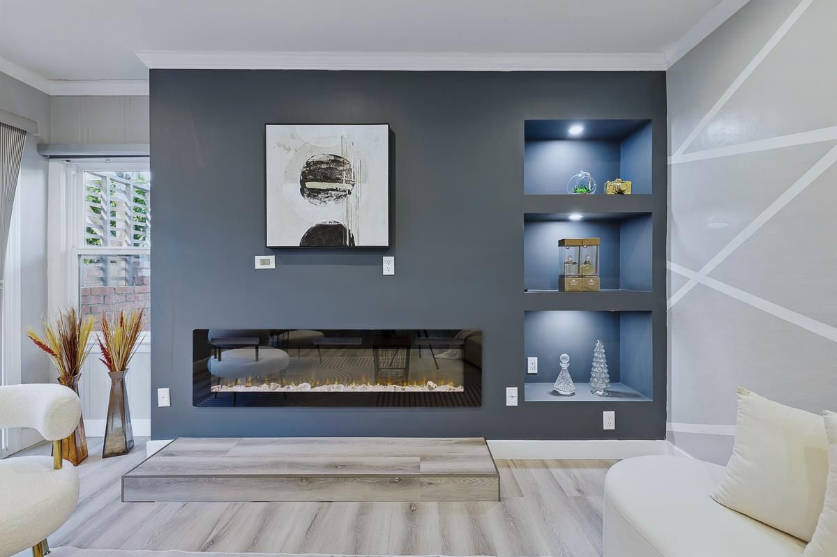 Fireplace, Interior, Recessed Lighting, Wood Texture Flooring