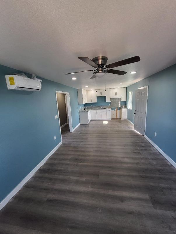 Empty room, Interior, Kitchen, Recessed Lighting, Wood Texture Flooring