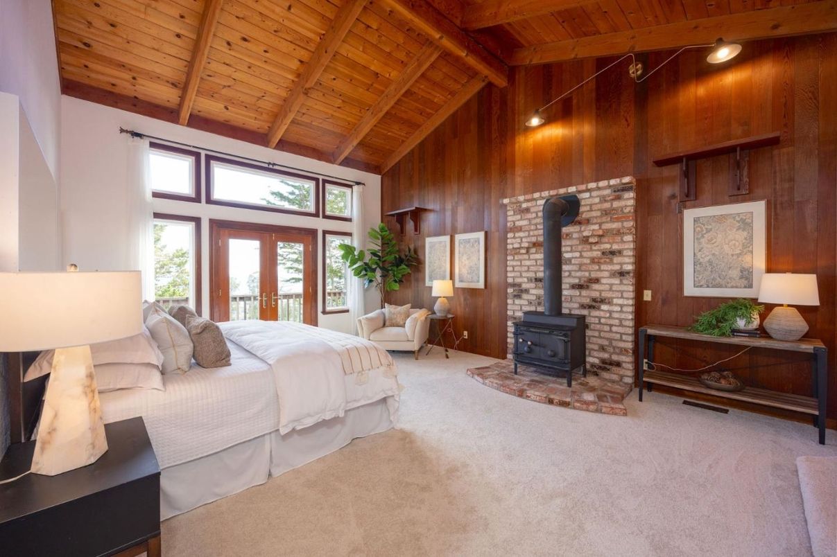 Bedroom, Fireplace, Interior, Wooden Beams, Wooden Ceilings, Wooden Walls