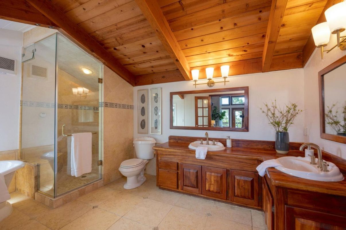 Bathroom, Dual Sink Vanities, Glass Shower, Interior, Wooden Beams, Wooden Ceilings