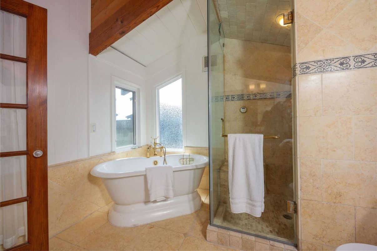 Bathroom, Free Standing Baths, Glass Shower, Interior, Wooden Beams