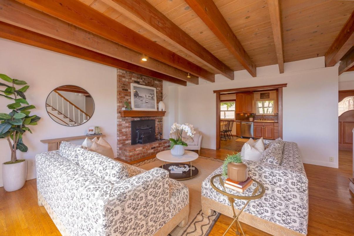 Fireplace, Interior, Living room, Recessed Lighting, Stone Walls, Wooden Beams, Wooden Ceilings, Wood Texture Flooring
