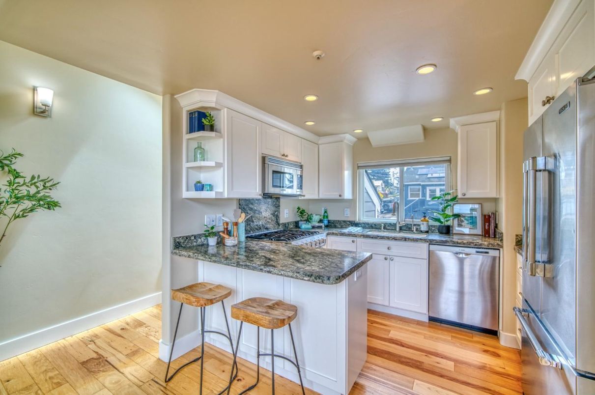 Interior, Kitchen, Recessed Lighting, Stainless Steel Appliances, Wood Texture Flooring