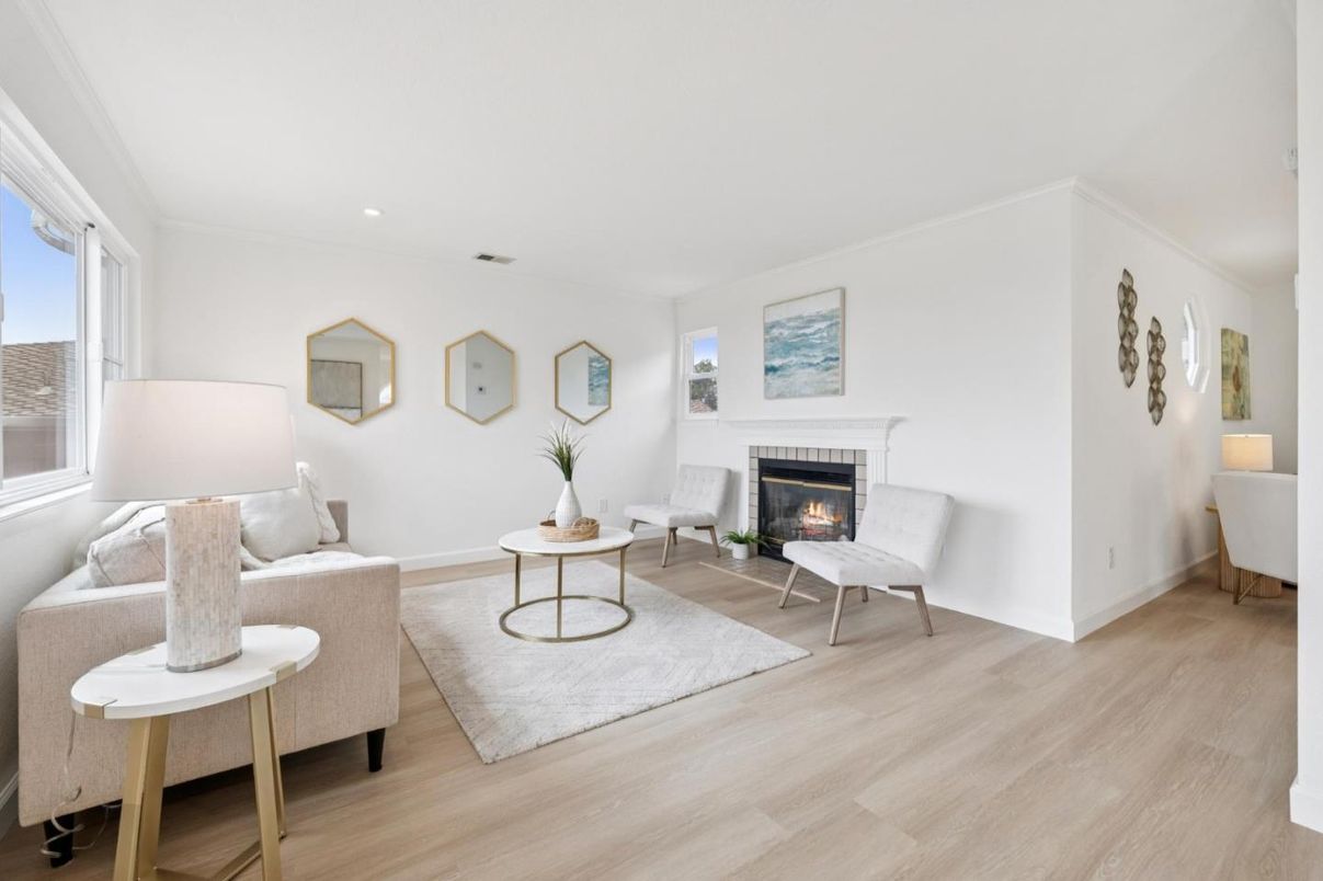 Fireplace, Interior, Living room, Recessed Lighting, Wood Texture Flooring