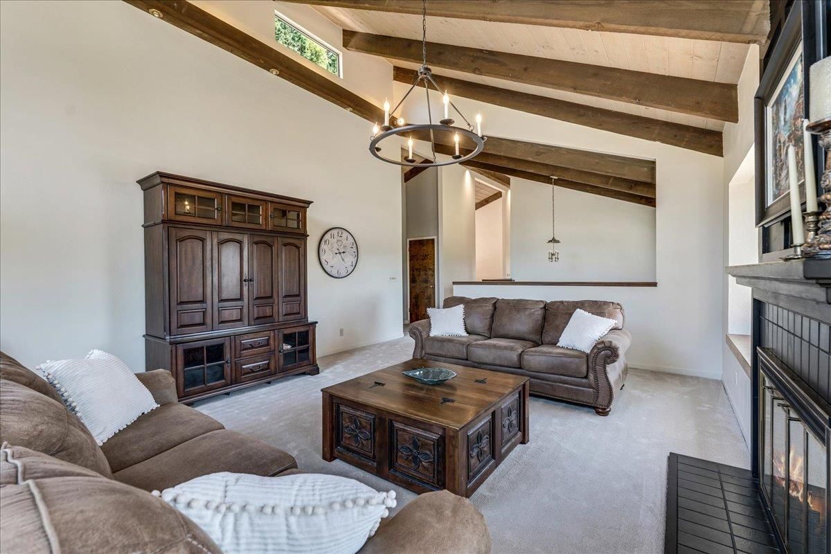 Fireplace, Interior, Living room, Pendant Lights, Wooden Beams