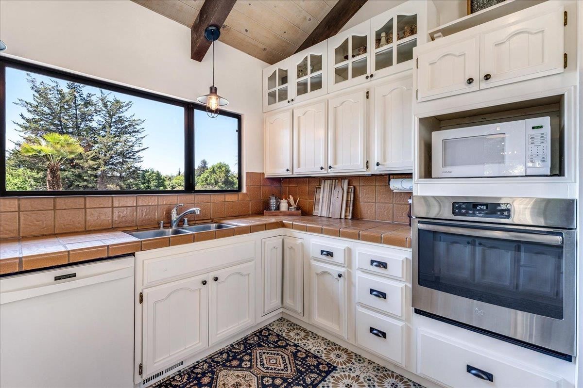 Interior, Kitchen, Pendant Lights, Tile Countertops, Wooden Beams, Wooden Ceilings